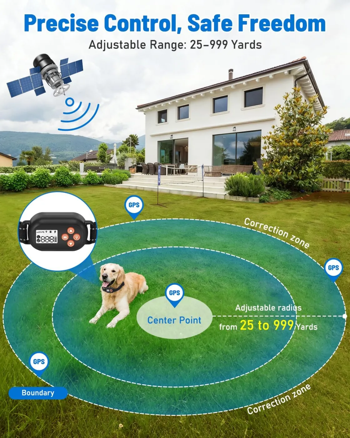Wireless Dog Fence, GPS Dog Collar Fence System, Electric Containment, IP67 Waterproof, Radius from 25-999 Yards, Beep/Vibration/Shock Correction, for Dogs 18 lbs & Up